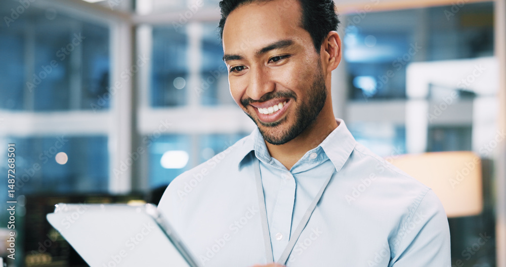 Poster Happy, man and developer with tablet in office for programming, software update and troubleshooting. Male person, digital and coding app for website development, testing server and system application