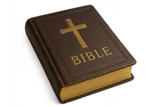 A bible with a cross on top isolated on transparent background.