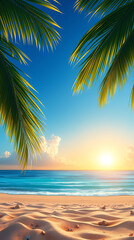 Sunlit tropical beach with gentle ocean waves, shaded by overhanging coconut tree leaves creating a peaceful and warm seaside atmosphere.