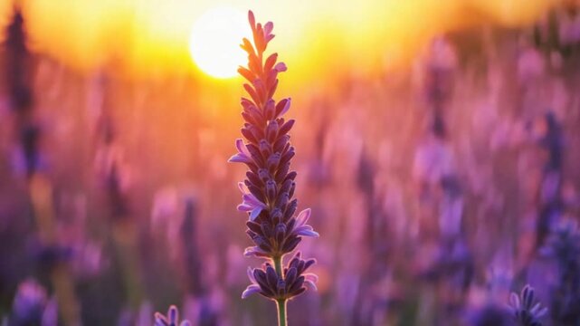 Lavender at sunset. Abstract Blurred Blooming lush violet lavender flowers in golden warm sunset light. Organic Lavender Oil Production in Europe. Garden aromatherapy. Slow motion, close up