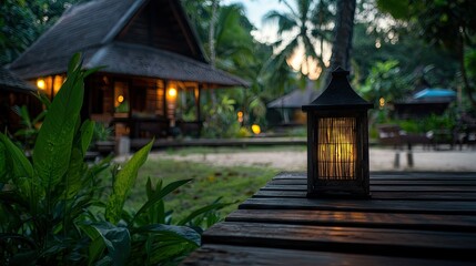 Fototapeta premium A wooden lantern sits on a deck near a lighted building