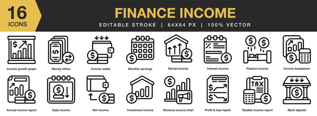 Finance Income icon set. Editable Stroke Icon Collection. Includes income, finance, business, money, investment, financial, and More. Outline icons vector collection.