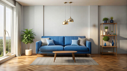 living room with blue sofa and modern decor