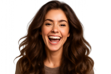 Woman with long brown hair, wearing a casual outfit, standing confidently with a warm smile, isolated on transparent background.