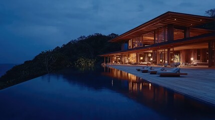 Fototapeta premium A luxurious modern home with illuminated interior and swimming pool