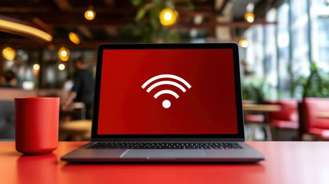 A laptop standing on a table in a working cafe next to a cup of hot tea