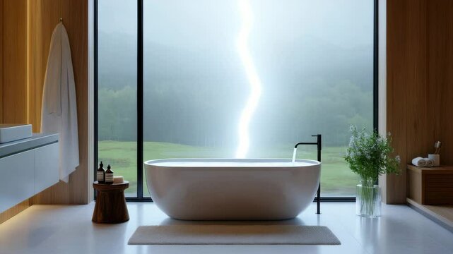 Bathroom with mountain landscape and forest in the background during the beginning of rain with thunderstorm