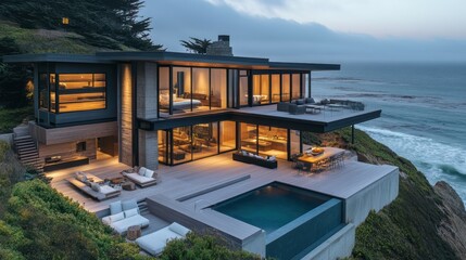 Fototapeta premium Oceanfront Modern Home Dusk Cliffside Luxury Real Estate