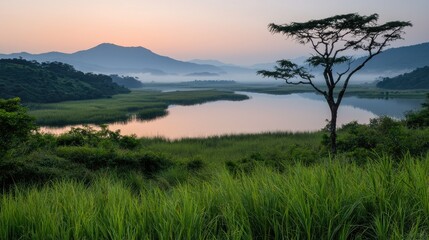 A Serene Landscape Featuring a Lake and Hazy Mountains at Dawn