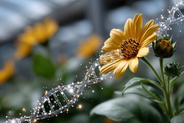 A captivating close-up of a flower intertwined with a digital representation of DNA, highlighting the beauty of genetics and the wonders of botanical science.