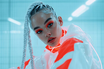 Futuristic fashion model posing in neon lit setting