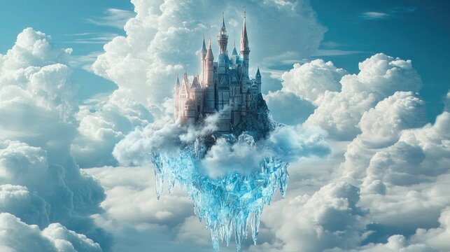 Castle atop icy cloud, floating in blue sky.