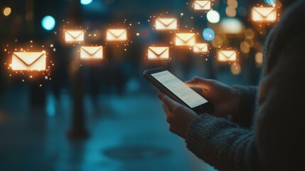 Marketing or newsletter concept, Person use smartphone with virtual Email icons for Send bulk documents via email. Direct selling projects in business List of customers who want to send by email.