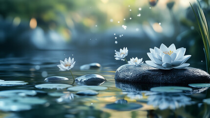 Peaceful White Lotus Flowers and Water Lily Pads Floating on Dark Pond Water with Bokeh Light