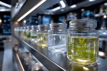 This image features a lineup of jars containing various liquids and plants, showcasing the harmony between nature and science, ideal for enthusiasts of innovative botanical displays.