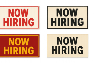 Now hiring sign set with bold red text, white background, and sleek design elements isolated on transparent background.