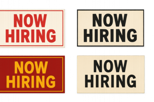 Now hiring sign set with bold red text, white background, and sleek design elements isolated on transparent background.