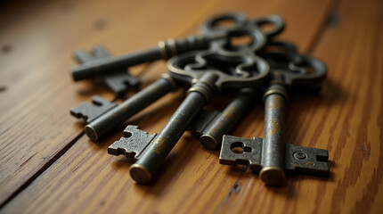 Close-Up of Old Ornate Keys on Wooden Surface