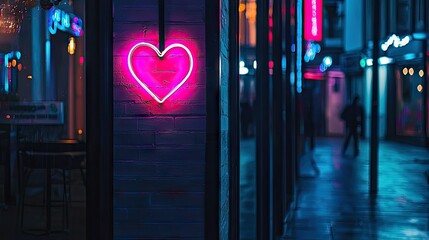 Illuminated neon heart shape displayed on a brick wall at night