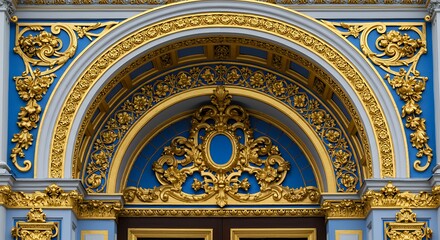Obraz premium Ornate gold architectural archway detail on blue building facade