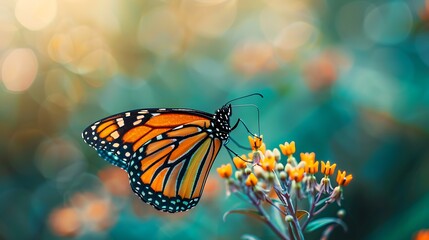 Fototapeta premium Monarch butterfly perched on small yellow flowers in a garden setting