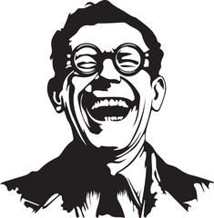 A black vector cartoon illustration shows an angry old guy with glasses, a hat, and a beard's evil face