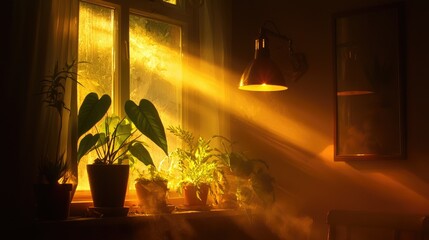 Golden light streaming through a window with plants inside