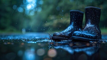 Rain boots splashing in a puddle during a storm.  HD 8K eid ul azha wallpaper Photographic Image