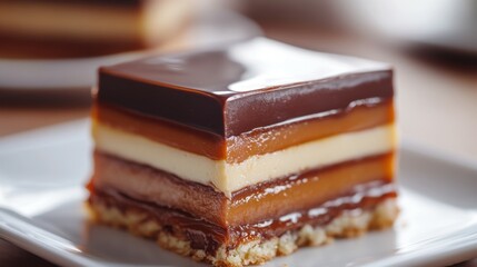 Close-up of a delicious layered chocolate dessert with caramel and biscuit layers, perfect for gourmet and dessert-themed projects.