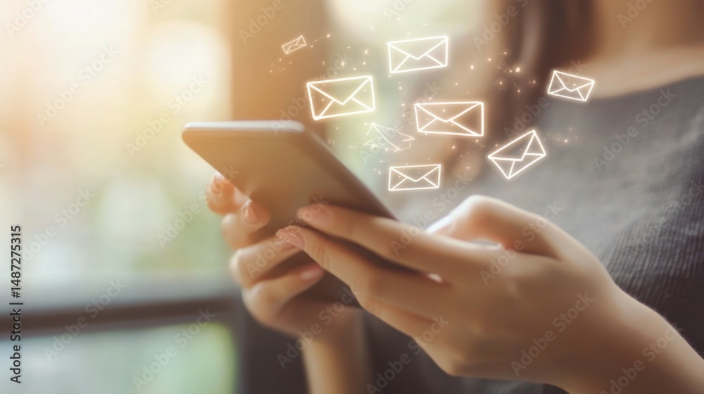 Poster marketing or newsletter concept, person use smartphone with virtual email icons for send bulk docume