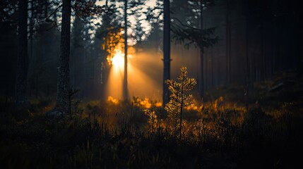 Sunlight Streamed Through Forest Trees Creating Beautiful Light Beams