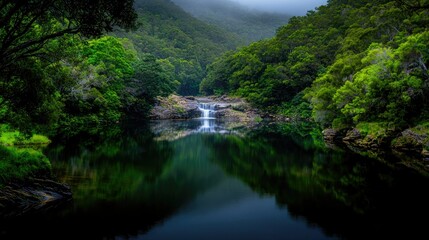 A serene natural landscape displaying a tranquil waterfall in lush greenery