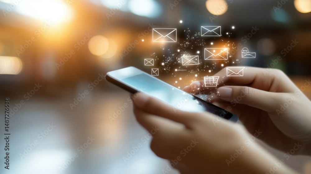 Poster marketing or newsletter concept, person use smartphone with virtual email icons for send bulk docume