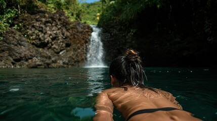 Fototapeta premium Woman swimming towards a waterfall in a beautiful natural environment
