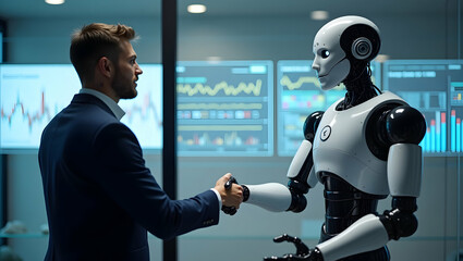 U.S. Stock Investor shakes hands with robot advisor in glass office, charts animate on wall behind (4).jpg
