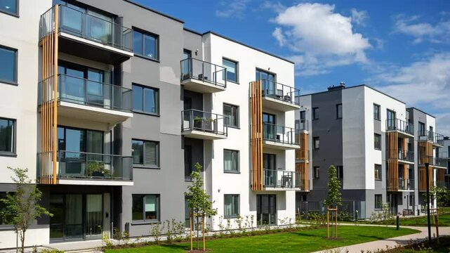 A modern apartment complex surrounded by lush greenery and neatly paved pathways