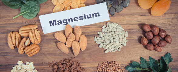 Healthy food and various ingredients on cutting board. Source natural magnesium, dietary fiber and other minerals