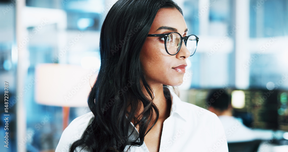 Poster Woman, programmer or computer scientist with glasses at office for future development or cybersecurity. Female person, developer or coder thinking with vision for AI programming or IT at workplace