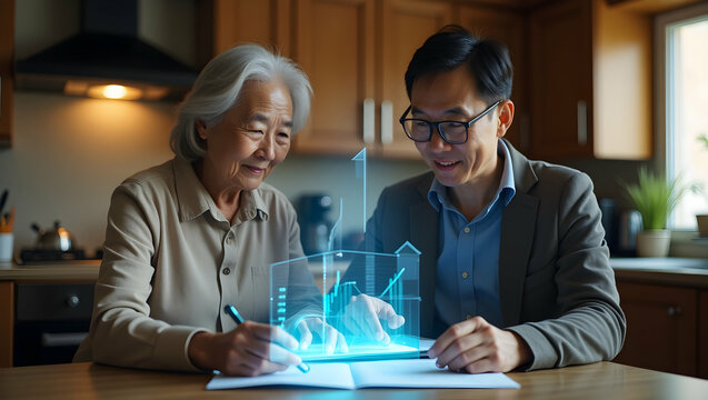 U.S. Stock Elderly Korean-American couple reviews long-term investment plan with holographic advisor in cozy kitchen (2).jpg - Powered by Adobe