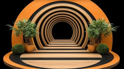 Abstract Concentric Rings Tunnel with Potted Plants