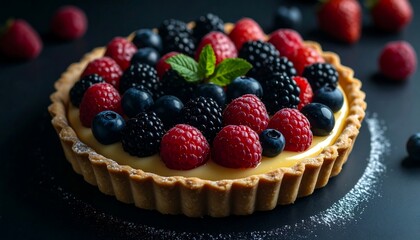Close-up captures a delightful berry tart featuring raspberries, blueberries, and blackberries.