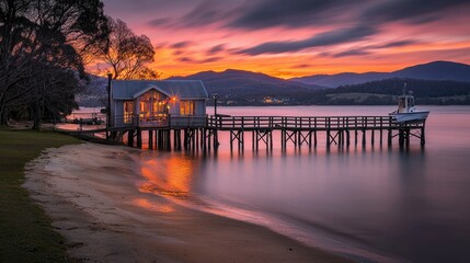 Obraz premium An illuminated coastal house and pier at a scenic colorful sunset