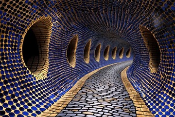 Abstract Digital Tunnel Winding Cobblestone Path Through Blue and Gold Mosaic Walls
