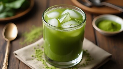 Flatlay, iced matcha drink in a clear glass with ice cubes, condensation on glass, rustic aesthetic. Wooden table background, natural linen napkin, scattered matcha powder, vintage cutlery. 