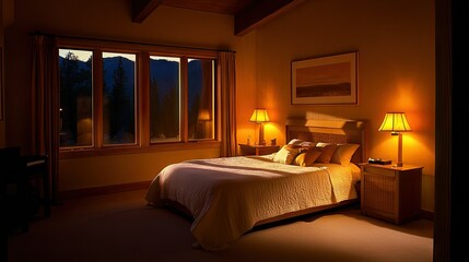 A warmly lit bedroom showcasing a cozy bed and mountain view
