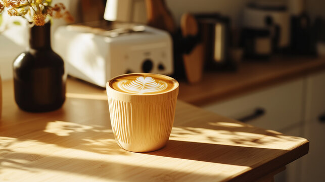 cup of coffee made of  bamboo isolated on a wooden table aesthetic room background with sunlight from the window