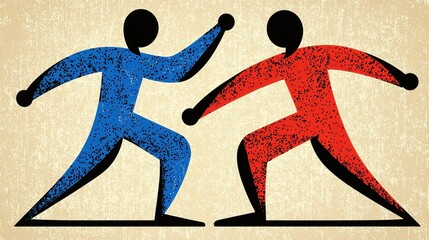 Abstract Red and Blue Figures in Dynamic Pose