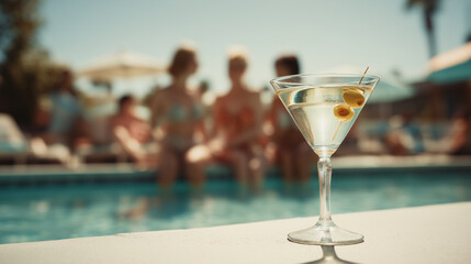 martini cocktail by the pool with friends in the background – perfect for illustrating summer lifestyle, vacation promotions, or party event advertisements
