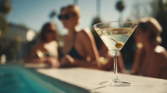 martini cocktail by the pool with friends in the background – perfect for illustrating summer lifestyle, vacation promotions, or party event advertisements