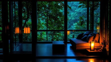 A Cozy Room Overlooking a Dense Green Forest Landscape